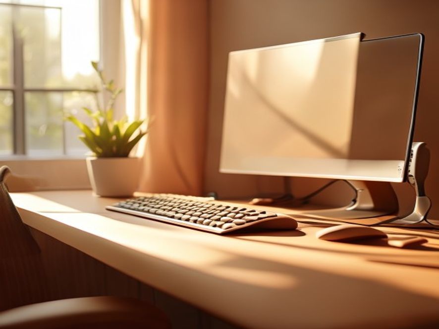 Close-up view of properly adjusted monitor height and keyboard placement at a desk